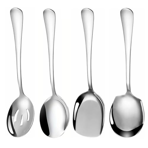 4 Pcs Stainless Steel Serving Spoons - Large, Slotted, Round Edge Tablespoons for Kitchen, Cooking, Restaurant Banquet
