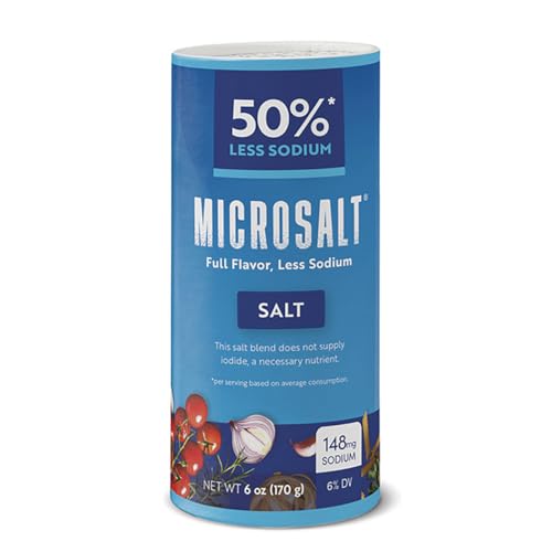 Microsalt 50% Less Sodium Salt, Regular Salt Substitute, Seasoning Salt for Cooking, Seasoning and Baking, Full Flavor, Less Sodium, 6 oz
