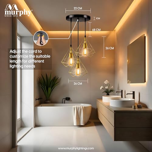 Image of Murphy Hanging Light 3-Diamond Cluster Pendant Light, Modern Chandelier for Living Room, Diwali Decoration - Golden, Pack of 3 (Bulb Included)