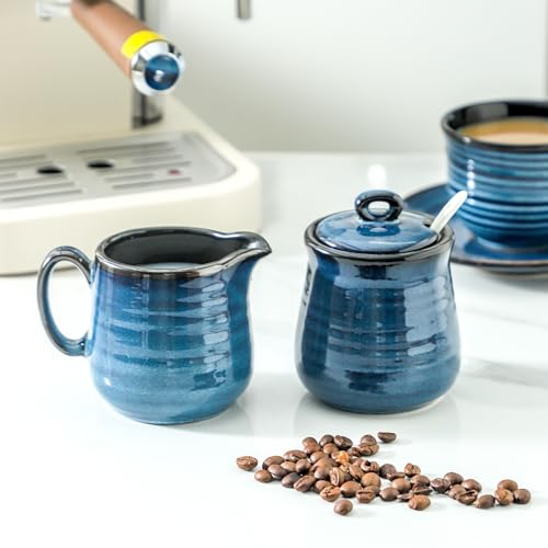 Glowworm Porcelain Sugar and Creamer Set, 11 Ounce Sugar Container, 10 Ounce Cream Pitcher, Farmhouse Coffee Sets for Serving, Dishwasher Safe, Blue