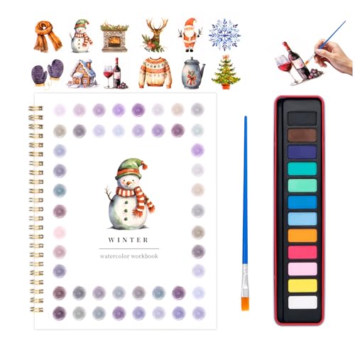 Kivzex Christmas Watercolor Workbook for Adults Beginner Friendly Watercolor Painting Kit Winter Water Coloring Book Nature-Themed Practice Art Gift Water Color Paint Book with Palette and Brush