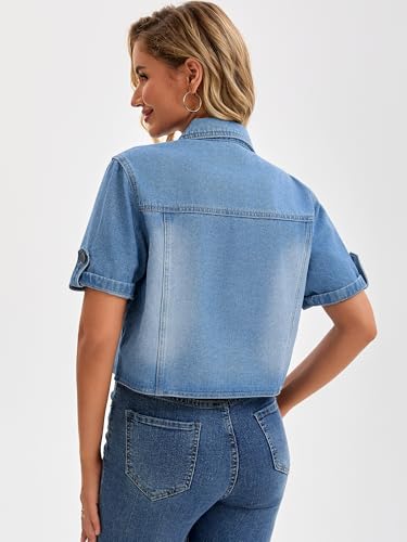 Womens Short Sleeve Denim Jackets 2025 Collared Button Up Cropped Jean Jacket4