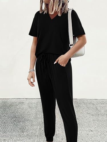 MASCOMODA Womens 2 Piece Outfits Summer Casual V Neck Short Sleeve Tops Long Pants Tracksuit Lounge Jogger Set with Pockets2