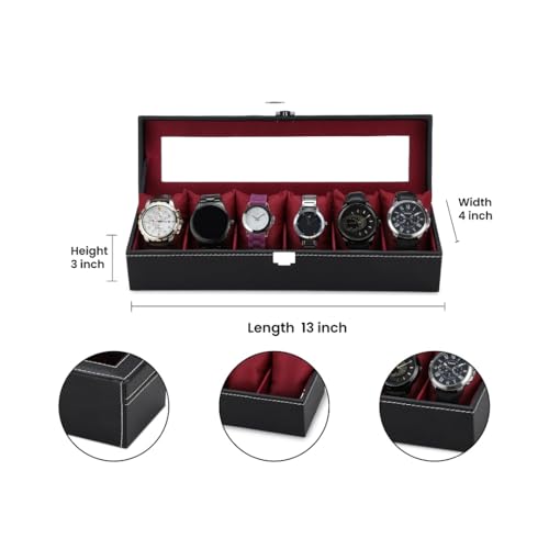 Image of Watch Box Organizer for Men and Women, 6 Slots, Leatherette, Black, Gift Box (Black::Maroon)