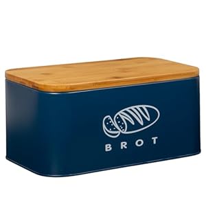 Theo&Cleo Brotkästen mit Deckel, Ökologisches Bambus, Kann als Schneidebrett, Geräumiger Retro Bread box aus Metall, Brot Lange Aufbewahren und Frisch Halten 30cm * 18cm * 14cm Dunkelblau