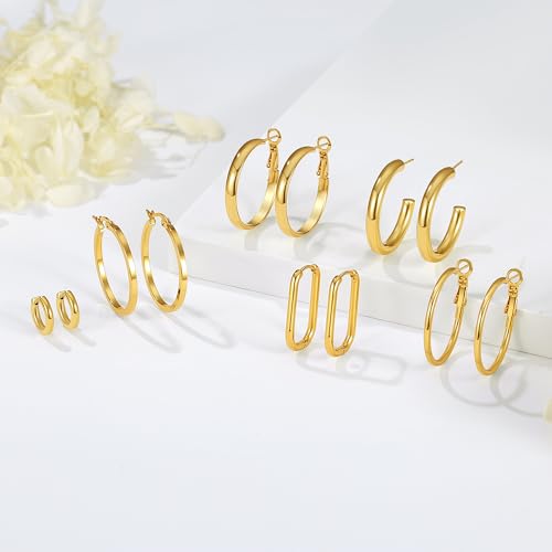 6 Pairs Chunky Silver Gold Hoop Earrings Set for Women 14K Gold Plated Hypoallergenic Thick Open Huggie Hoop Set Pack Jewelry Gifts3