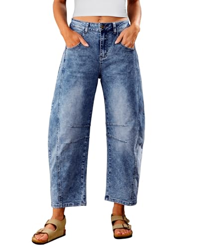 Utyful Barrel Jeans Women Cropped Baggy Trendy High Waisted Distressed Loose Stretch Denim Trouser Jeans with Pockets