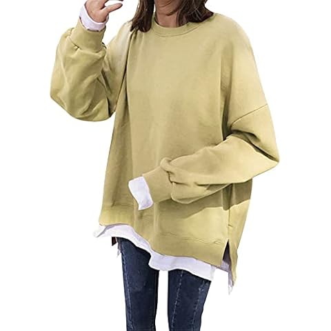 MCILLO Womens Oversized Crewneck Sweatshirt Side Slit Long Sleeve Pullover Loose Fit Tops 2023 Fall Trendy (Yellow, M) Cover