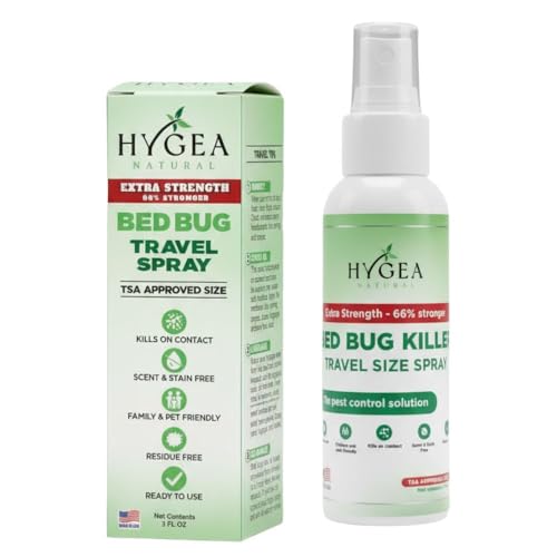 Hygea Natural Extra Strength Bed Bug Killer & Mite Travel Spray,TSA Approved Size, Child & Pet-Friendly, Stain & Odor Free, for Hotel, Suitcase, Backpack, Shoes, 66% Stronger Natural Formula(3oz)