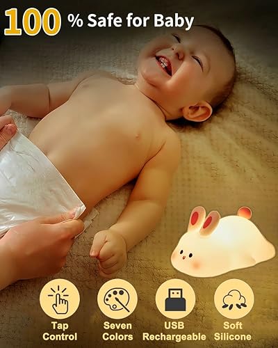 Image of VGRASSP Soft Rabbit Face Silicone Night Lamp Toy for Kids - Rechargeable and Color Changing Squishy Animal Light Gift for Babies and Toddlers - Color As Per Stock