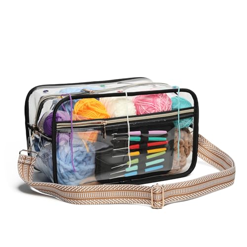 SIHEJA Crochet Bag - Transparent Yarn Storage - Yarn & Crochet Accessories Organizer, Gifts - Black & Striped Jacquard Shoulder Straps