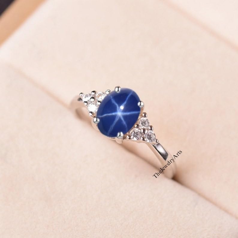 Star Sapphire Engagement Ring | 925 Sterling Silver Promise Ring | 6 Star Sapphires, Elegant Jewelry for Women