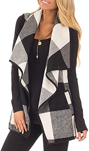 Yanekop Womens Lapel Sleeveless Open Front Hem Plaid Vest Cardigan Jacket with Pockets(Black 1,L)