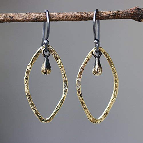 Marquis shape earrings brass in oxidized and brass drop decoration with sterling silver hooks style