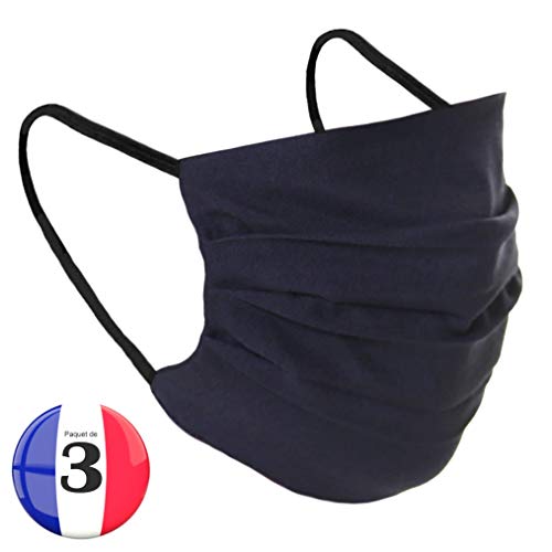 3 x masques 100% coton lavables - fabriqués en Europe - couvre-oreille réutilisable - masque de protection de la bouche de protection non médicale - fourni dans un sac scellé (Noir)