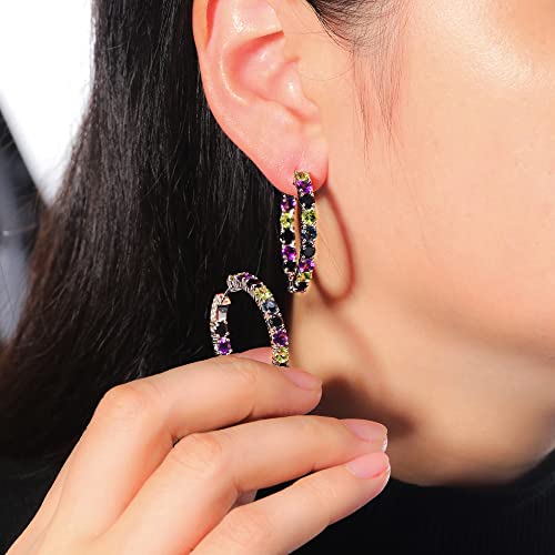 Supermodel Multicolor Natural Gemstone Hoop Earrings Natural Amethyst For Women 925 Sterling Silver 4.0 Mm Blue Topaz Peridot Earrings Birthstone Jewelry #TOP2