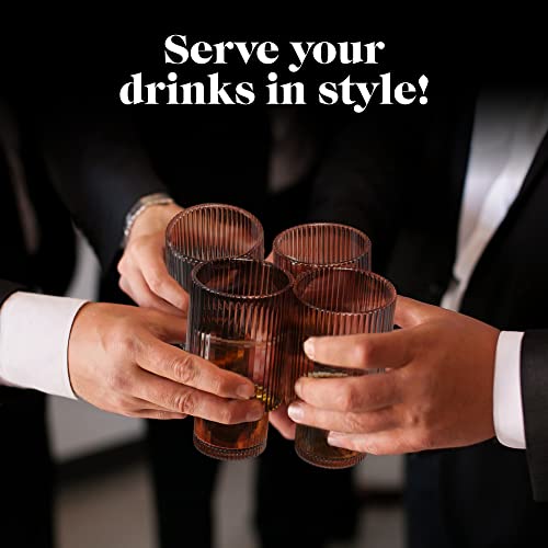 Vintage Art Deco Fluted Drinking Glasses | Set Of 4 | 11 Oz | Modern Kitchen Glassware Set | Unique Cups For Weddings, Cocktails Or Bar | Ribbed Glass Cup For Water (Smoke Grey) #TOP4