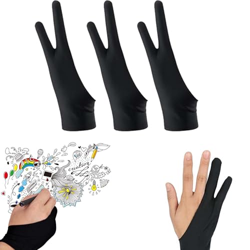 Chuppinz 3pcs Artist Glove, Drawing Gloves for Tablet, Palm Rejection Gloves for Graphic Tablet, Anti-Fouling Two-Finger Gloves, Black Gloves for Drawing and Writing