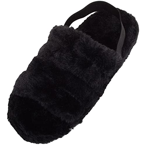 Absolute Footwear Chaussons d'hiver légers en fausse fourrure avec bout ouvert et sangle élastique pour femme, Noir , 37/38 EU Cover