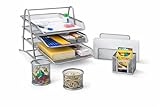 raxter Office Desk Set 5 Pieces Organiser Tidy 3 Tier Letter/Filing/Paper Tray, Pencil Cup, Letter Shelf, File, Clip & Memo Holder (Silver)