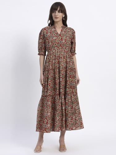 Image of Women's Fit and Flare Dress I Pure Cotton Long Summer Maxi Dress I V-Neck I Casual Wear I Printed Kalamkari Floral Middi