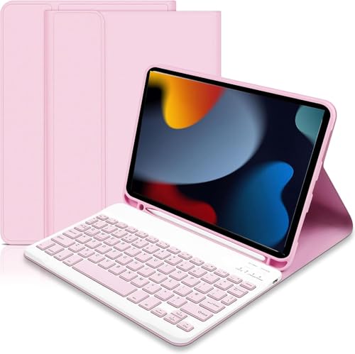 KTOITION Case with Keyboard for iPad 9th Generation 2021/8th Gen 2020/7th Gen 2019 10.2 for ipad case with Detachable Wireless Keyboard for iPads 10.2 UK layout Keyboard for iPad 9th/8th Gen Pink