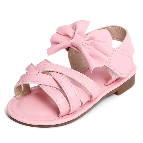 Image of kitcorn Girls Sandals with Bow Kids Pink Open Toe Sandals Toddlers Summer Princess Flat Shoes with Hook and Loop,7 UK Child