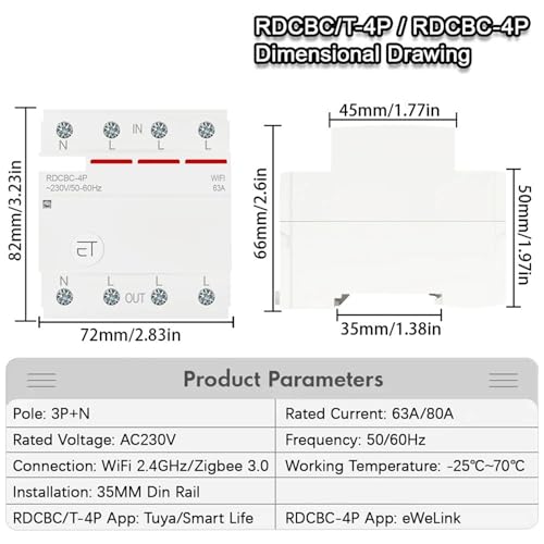 Disjoncteur WiFi Tuya 3P+N 80A programmable par commande vocale Alexa
