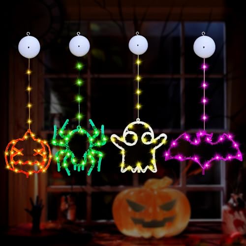 Decoraciones de Halloween, 4 luces de ventana de Halloween, calabaza naranja, araña verde, sombrero de bruja, fantasma con ventosa, funciona con pilas, 8 modos/función de temporizador para decoración