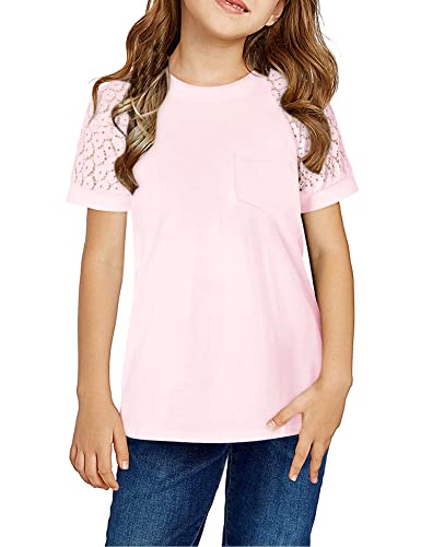 Girls Summer Short Sleeve Shirts Lace Casual Cute Crew Neck Solid Color Blouses Tops Sizes 6-15 Years