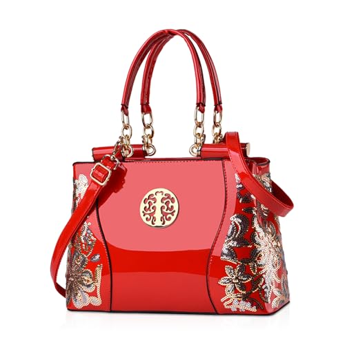 NICOLE & DORIS Sac à Main Femme Sacs Portés Main Tendance Sacs Bandoulière en Cuir Verni Shopper Grande capacité Cabas Sac Cartable élégant Rouge