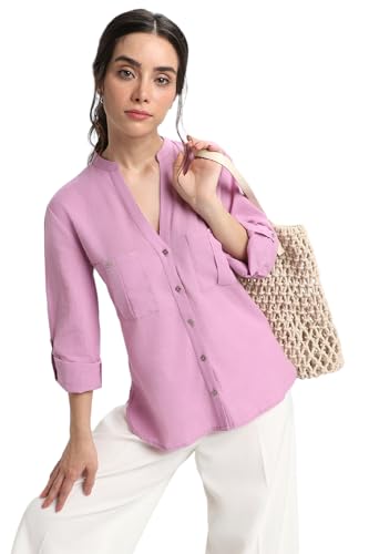 Image of DL Woman Women's Stylised Shirt Style Top with Roll Up Sleeves, Regular Fit Solid