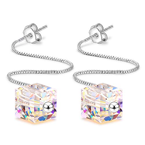 CAT EYE JEWELS 925 Sterling Silver Swarovski Element Crystal Color Changing White Long Chain Threader Earrings for Women Girls