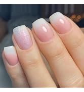 Square Press On Nails Short Fake Nails Gradient With Glitter Design Nude Pink False Nails Full Co...