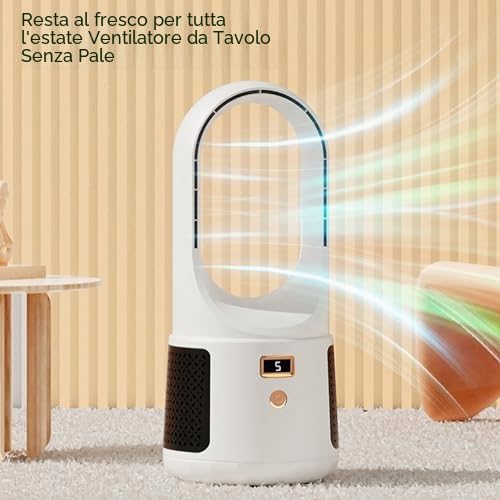 Ventilatore a torre USB, 6 velocità, facile da pulire, silenzioso, portatile, senza pale, con display a LED, per casa, camera da letto, ufficio