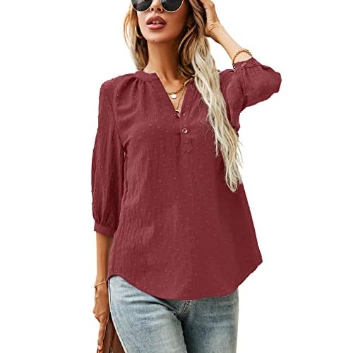 LOMON Women's Casual 3/4 Sleeve Henley V-Neck Button Up Pleated Back Blouses Swiss Dot Blouse Tops T-Shirts S-XXL