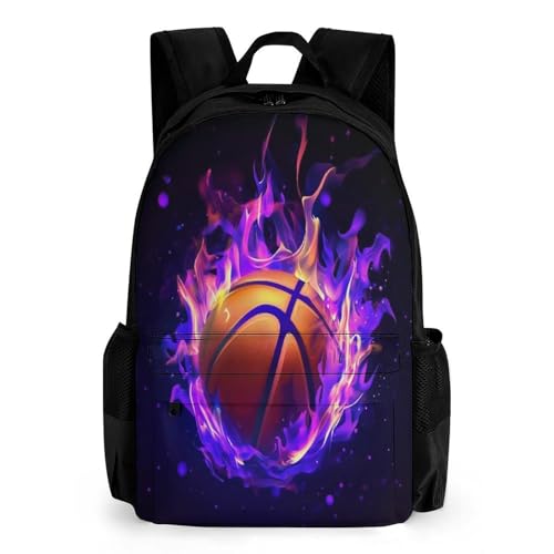 Men's Cool Purple Fire Flame Basketball Travel Backpack, Breathable Adjustable Strap Shoulder Bag for Climbing, Large Capacity Backpack with Side Pockets