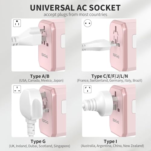 EPICKA Universal Travel Adapter, International Power Plug Adapter with 3 USB-C and 2 USB-A Ports, All-in-One Worldwide Wall Charger for USA EU UK AUS (TA-105C, Pink) - Thumbnail 4