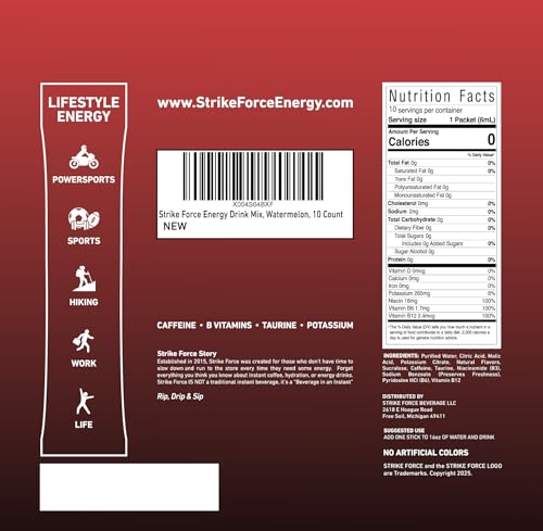 Image of Strike Force Energy, Watermelon Flavor, Liquid Energy Drink Mix, Sugar-Free, Calorie-Free, 10 Count Packets, with Caffeine, Taurine, B Vitamins
