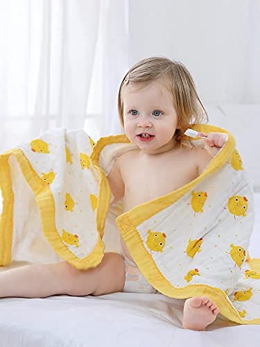 Image of Kassy Pop Printed 6 Layer Bamboo Muslin Blanket Cum Swaddling Towel for Baby, Toddlers | 70% Bamboo, 30% Cotton | AC Quilt, Multi-Purpose Blanket | Toxin Free | 110cm x 110cm (Yellow Duck Print)