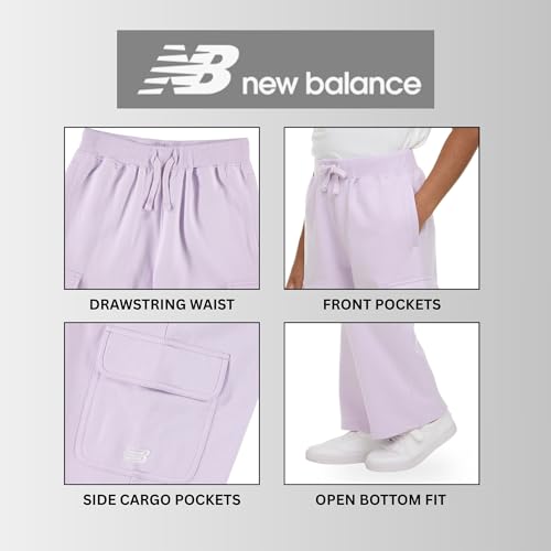 New Balance Girls Cargo Sweatpants – Soft Cotton Fleece Blend Pull-On Wide Leg Open Bottom Sweats Drawstring, Sizes 4-163