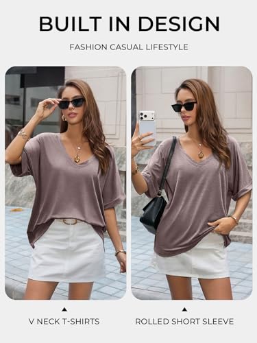 Image of UNCLECAT Womens V Neck Oversized T-Shirts Summer Short Sleeve Loose Tops | Plus Size, Rolled-up Sleeves, Trendy Fashion Clothes, Deep V Neck, Casual Basic Tee