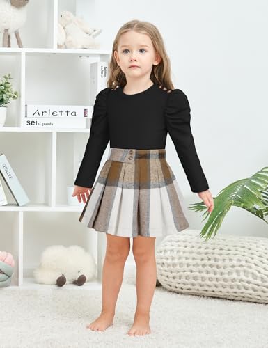 Image of Fuermos Toddler Girl Clothes Puff Sleeve Top and Pleated Girls Plaid Skirt Set 2PCS Girls Outfits Fall Winter