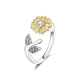 TINSLO 925 Sterling Silver Open End Carved Ring - Colorful Zirconia Flower Feather Bossy Adjustable Ring