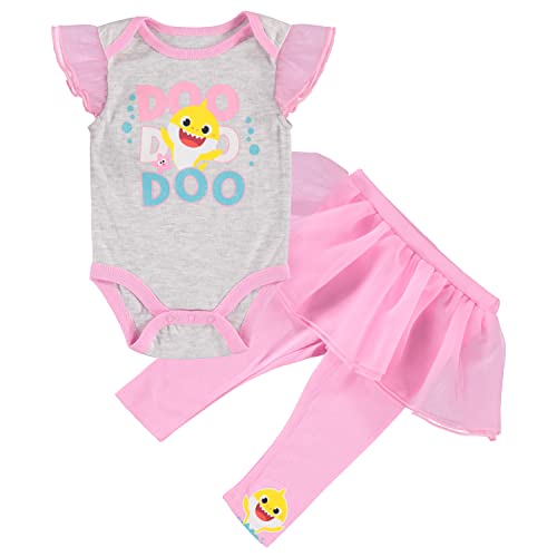 Baby Shark Infant Baby Girls' One Piece Bodysuit with Pull on Pant and Attached Tutu Skirt, Grey/Pink/Yellow, 24 Months