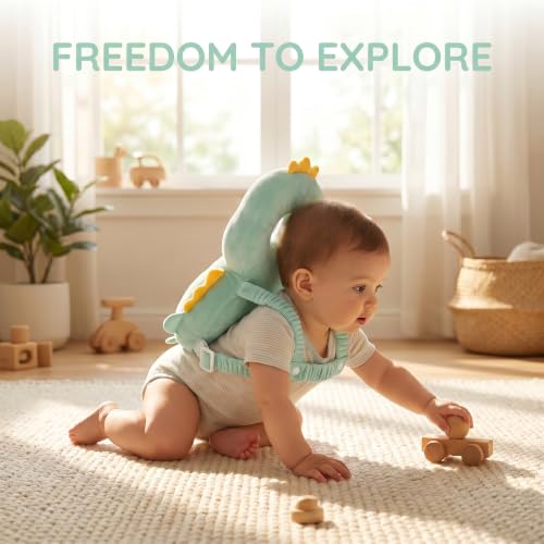 Image of Baby Head Protection Backpack - Soft Lightweight Fall Cushion for Toddlers During Crawling & Walking, Helps Ease Impact from Backward Tumbles(Dark Green Dinosaur)