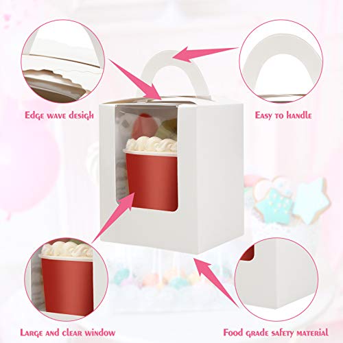 80 Pcs Individual Cupcakes Boxes, Farielyn-X Portable Single White Paper Cupcake Holder Containers Carrier, White Muffin Gift Boxes with Window Inserts Handle, for Wedding Birthday Party Candy Boxes