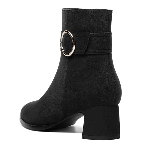 SHOWFOREST Womens Round Toe Travel Buckle Suede Solid Hiking Ankle Strap Chunky Low Heel Ankle High Boots 2 Inch 7
