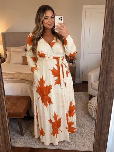 Image of PinkPatty Women's Long Sleeve Maxi Dress Plus Size Casual V Neck Wrap Dress with Pockets&Belt