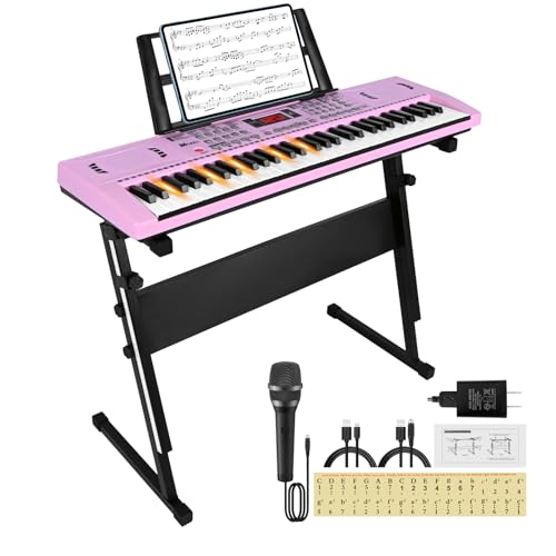 Piano Keyboard for Kids Beginner, 61 Key Digital Keyboard Piano Set with Headphone, Microphone, Music Sheet, Power Adapter, Piano Stand, Pink